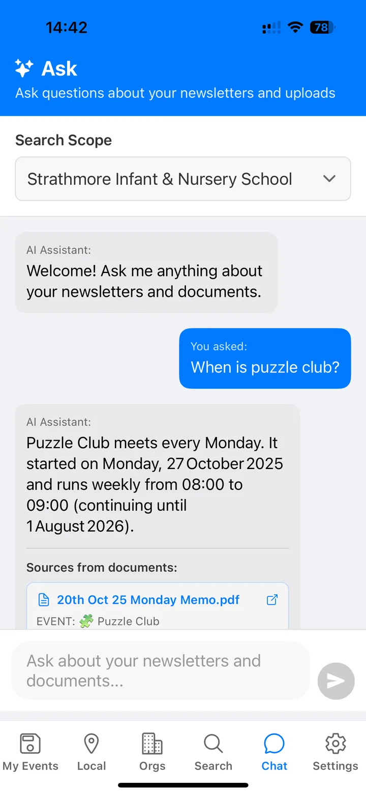 Calendar Go chat answering when puzzle club meets, with the source newsletter linked