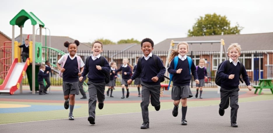 Primary school children in uniform running across a playground towards the camera