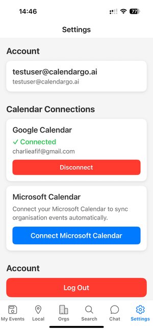Settings showing Connected
