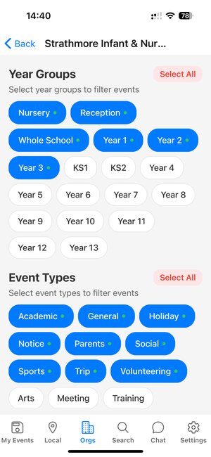 Year groups and event types
